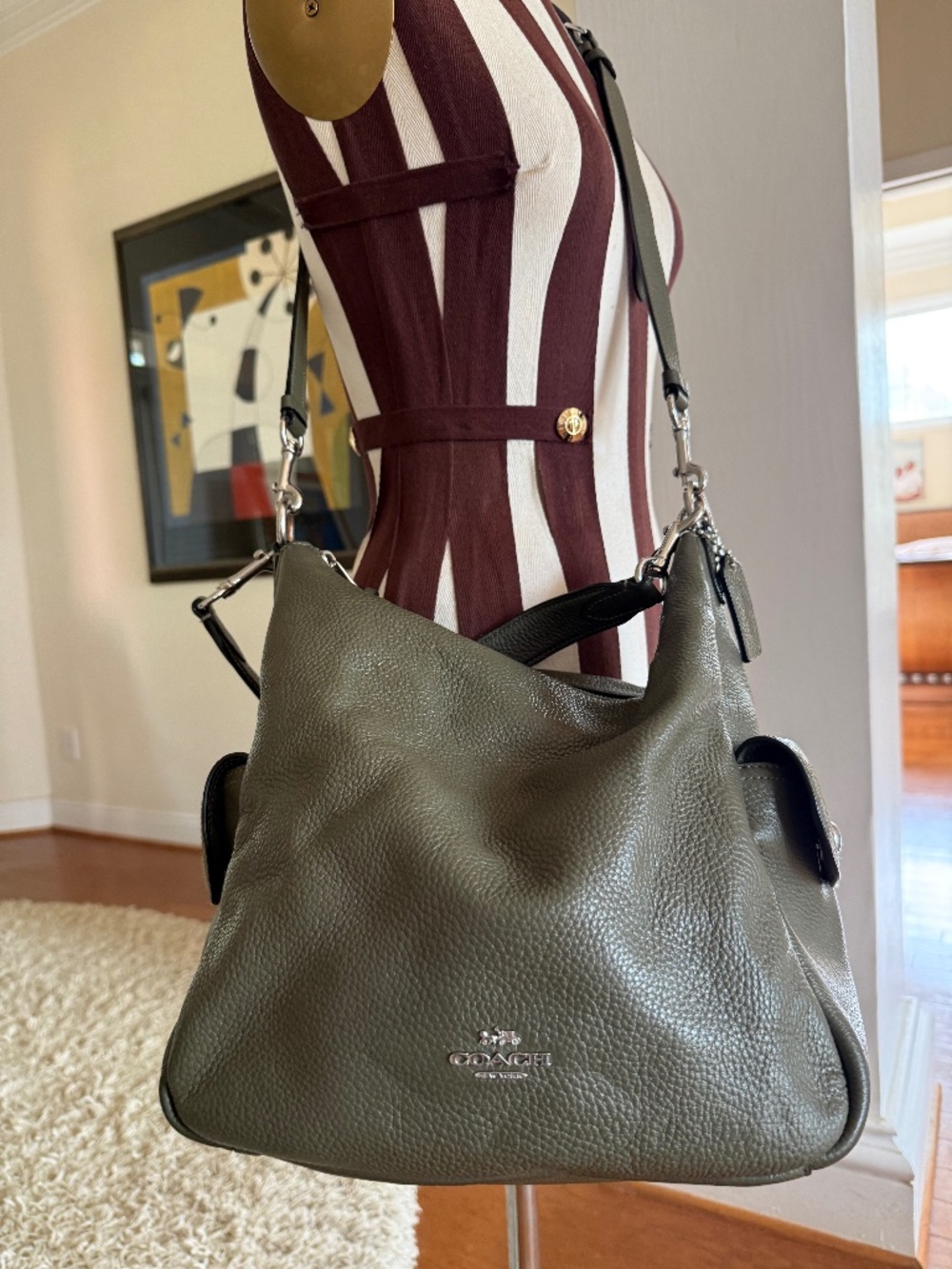 Coach Pennie Shoulder Handbag Olive Green Pebbled Leather Convertible 6152